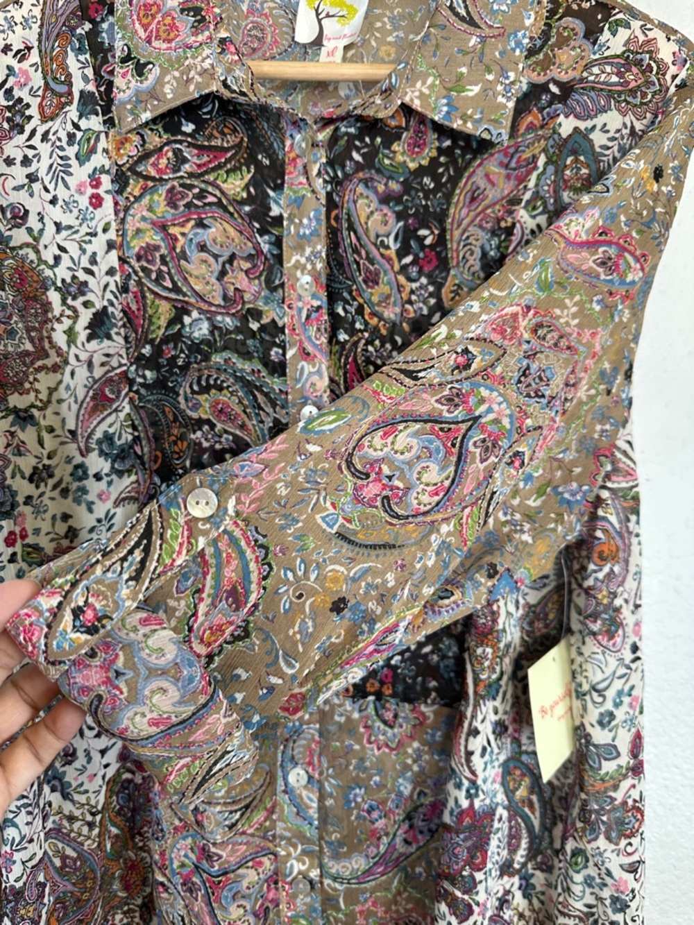 NEW Fig and Flower Sheer Button Down Top Paisley Boho Womens XL Long Sleeve - Picture 3 of 10